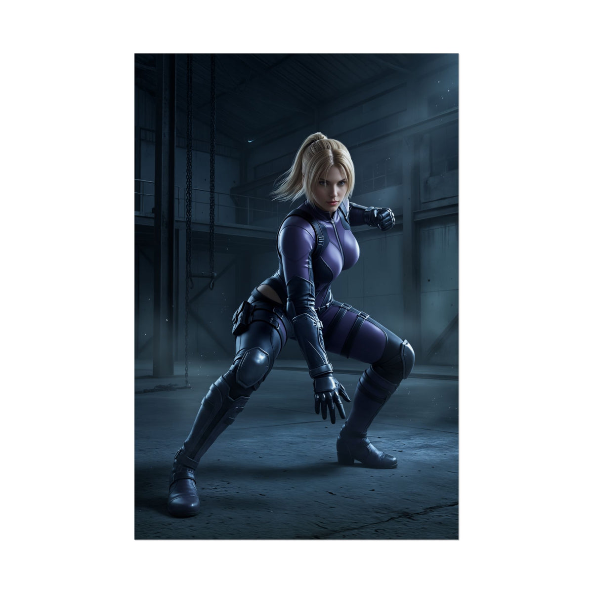 Nina Williams Poster, Tekken Art Print  Iconic Assassin Heroine Wall Art: ultra-high res portrait of Nina Williams in purple tactical suit, dynamic pose