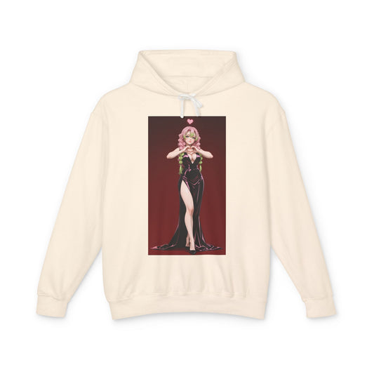 Mitsuri Kanroji Hoodie | Demon Slayer Hoodie | Anime Love Hashira Pullover featuring pastel illustration of Mitsuri in elegant dress on cream pullover