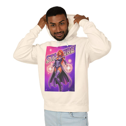 Starfire Hoodie | DC Superhero Hoodie | Cosmic Princess Pullover – cream pullover with vibrant Starfire artwork modeled by smiling man
