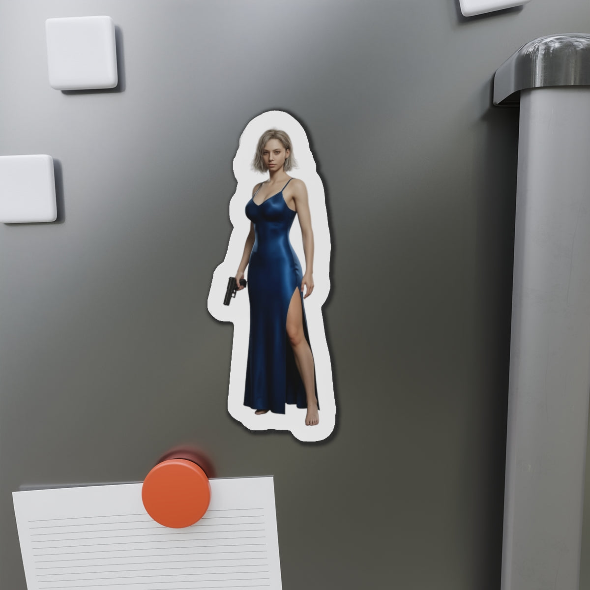 Alt Tag: Grace Ashcroft Magnet, Resident Evil Fridge Magnet, Gaming Room Decor — anime-style Grace Ashcroft in blue dress vinyl fridge magnet