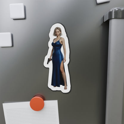 Alt Tag: Grace Ashcroft Magnet, Resident Evil Fridge Magnet, Gaming Room Decor — anime-style Grace Ashcroft in blue dress vinyl fridge magnet