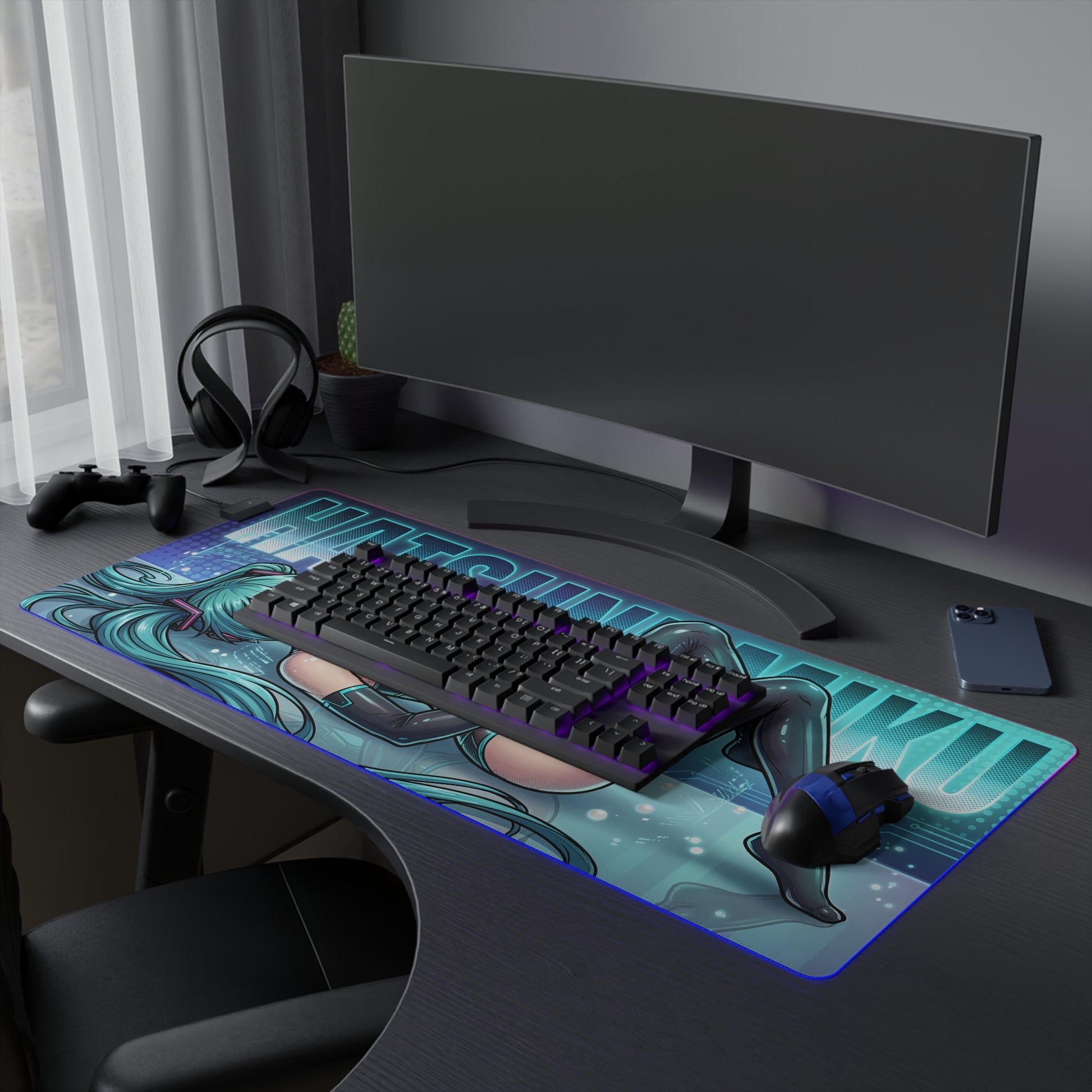 Hatsune Miku RGB Desk Mat, Anime Gaming Mouse Pad, LED Desk Mat for Gamer Setup — blue futuristic anime RGB desk mat with character art