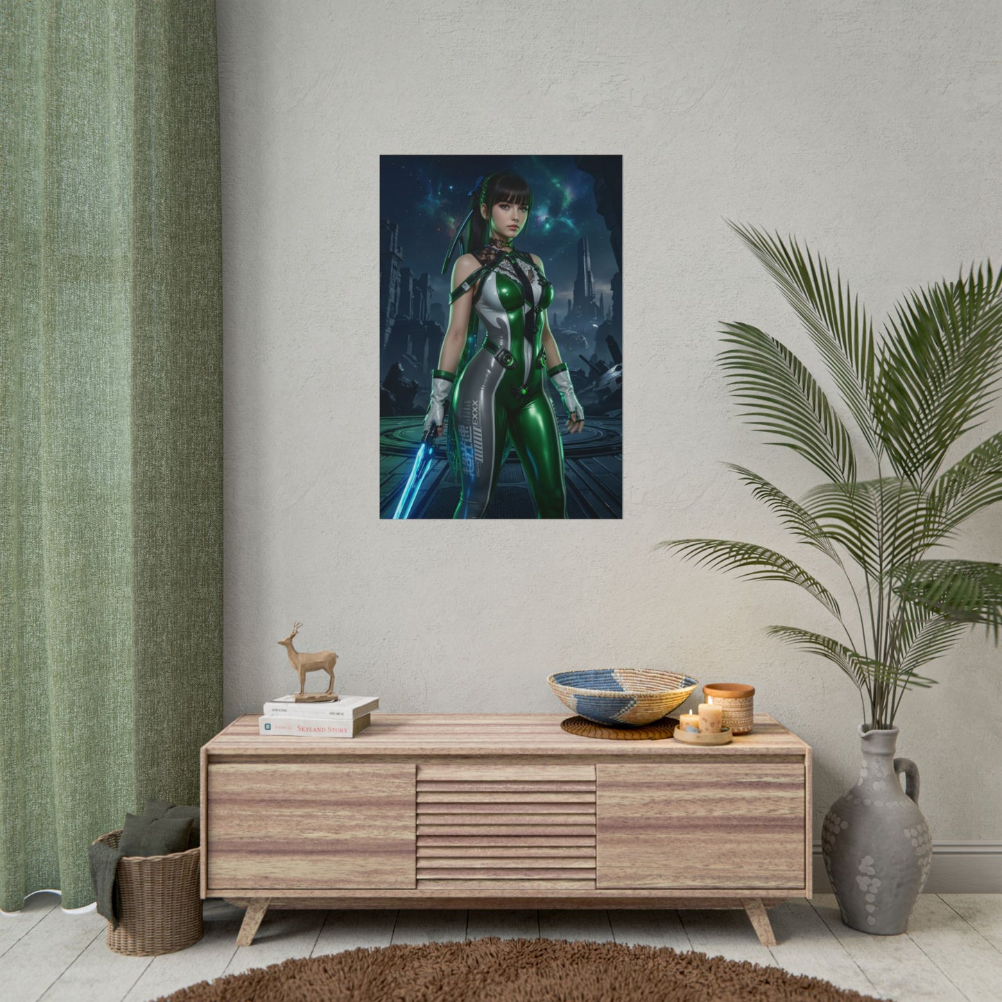 EVE Poster, Stellar Blade Art Print, Iconic Sci-Fi Action Hero — futuristic green-suited warrior art for gaming room or modern interior