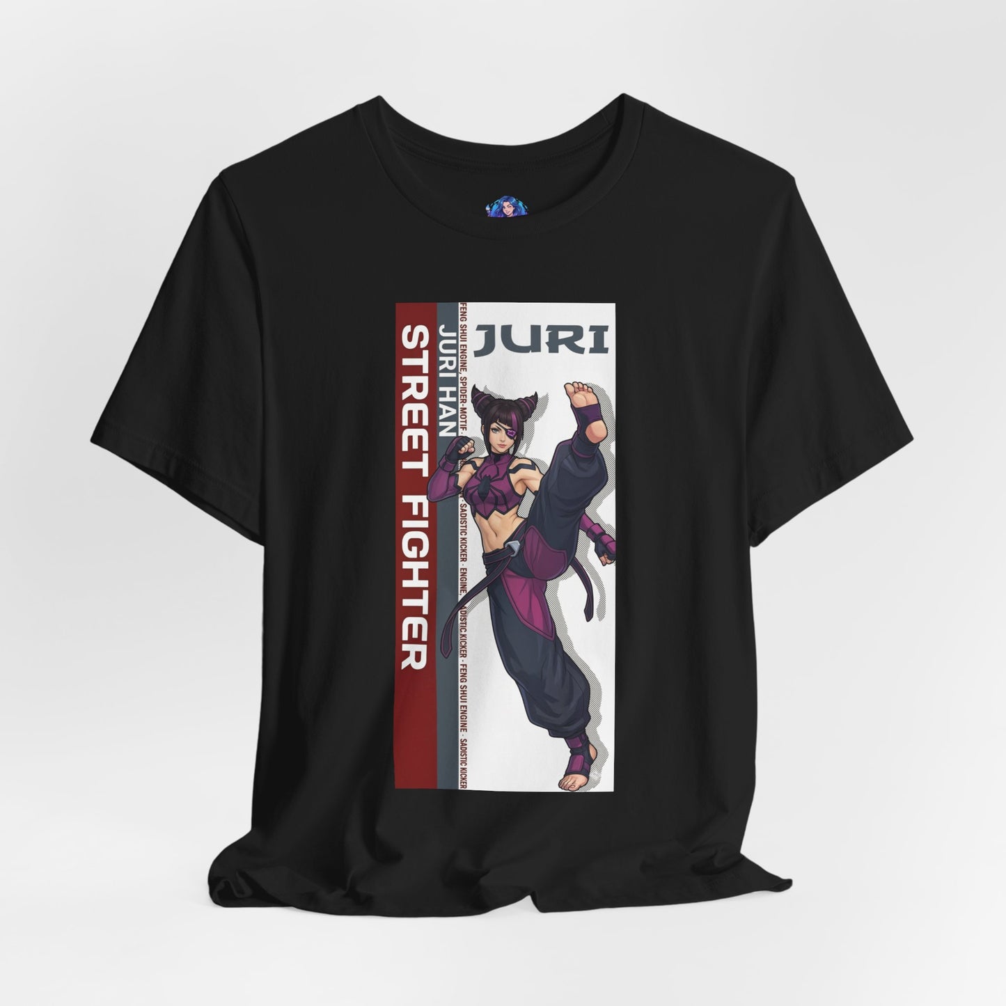 Juri Han T-Shirt | Street Fighter Anime Tee for Gamers & Fighting Game Fans - black Bella Canvas tee featuring dynamic Juri kick artwork
