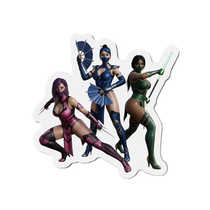 Kitana, Jade, Mileena Magnet – Mortal Kombat Anime Trio Fridge Magnet premium die-cut vinyl magnet showing anime-style trio posed for fridge or gaming setup