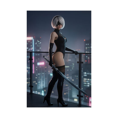 2B Poster, NieR Automata Art Print – Action RPG Heroine Wall Decor featuring 2B in city nightscape with sword