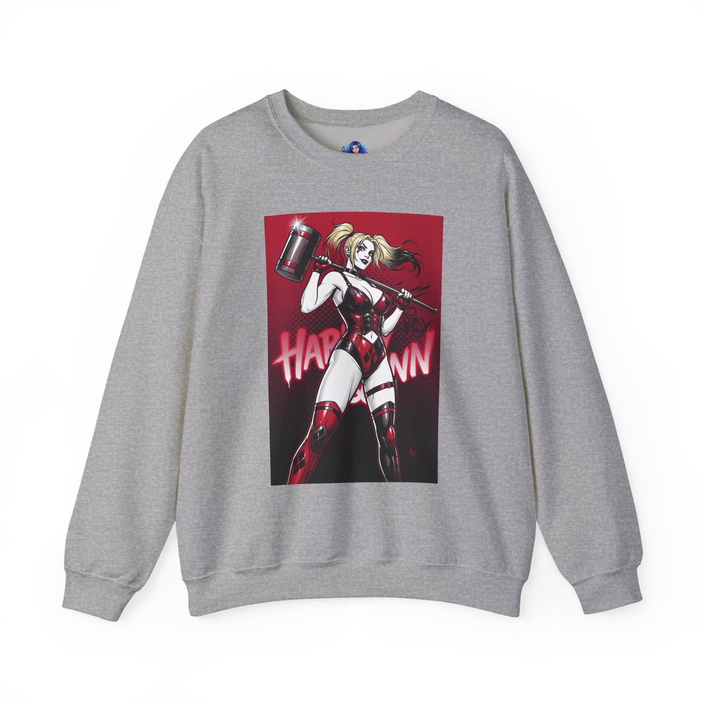 Harley Quinn Sweatshirt, DC Comics Pop Art Style, Premium Fan Apparel featuring anime-inspired Harley with oversized hammer on gray crewneck