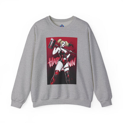 Harley Quinn Sweatshirt, DC Comics Pop Art Style, Premium Fan Apparel featuring anime-inspired Harley with oversized hammer on gray crewneck