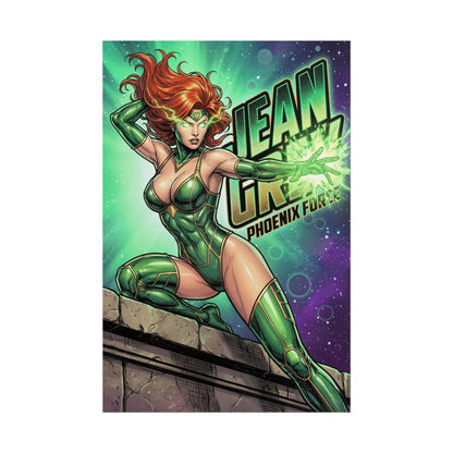 Jean Grey Poster / Jean Grey Wall Art / Jean Grey Art Print / X-Men Poster of Jean Grey in green costume emitting psychic phoenix energy, bold comic-style wall art