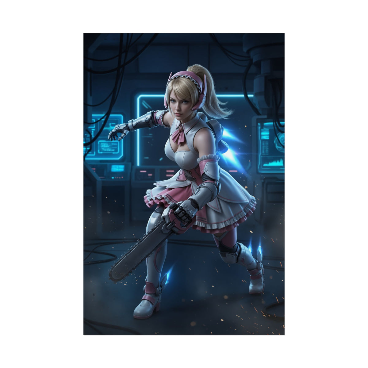 Alisa Bosconovitch Tekken Poster  Iconic Android Heroine Wall Art showing futuristic heroine in pink combat dress with chainsaw in scifi lab