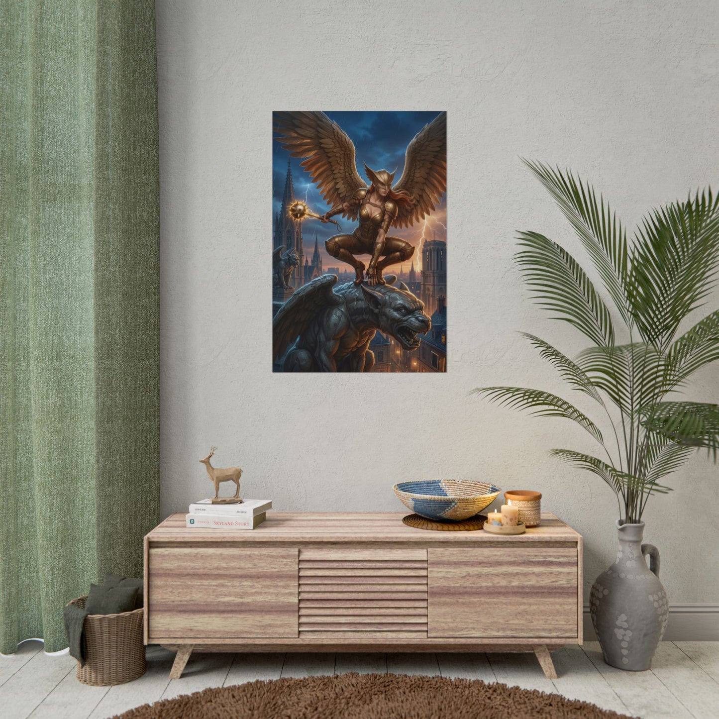 Hawkgirl Poster, DC Comics Art Print – Superhero Wall Art in modern entertainment room over console, gamer and collector decor