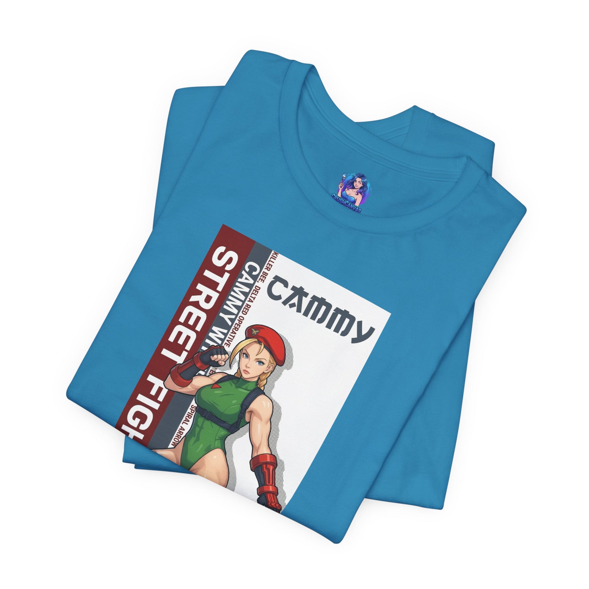 Cammy White T-Shirt | Street Fighter Anime Tee for Gamers & Fighting Game Fans folded blue Bella Canvas tee with Cammy illustration