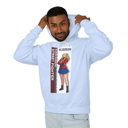 Karin Hoodie | Street Fighter Hoodie | Anime Elegant Fighter Pullover model wearing light blue pullover with Karin illustration