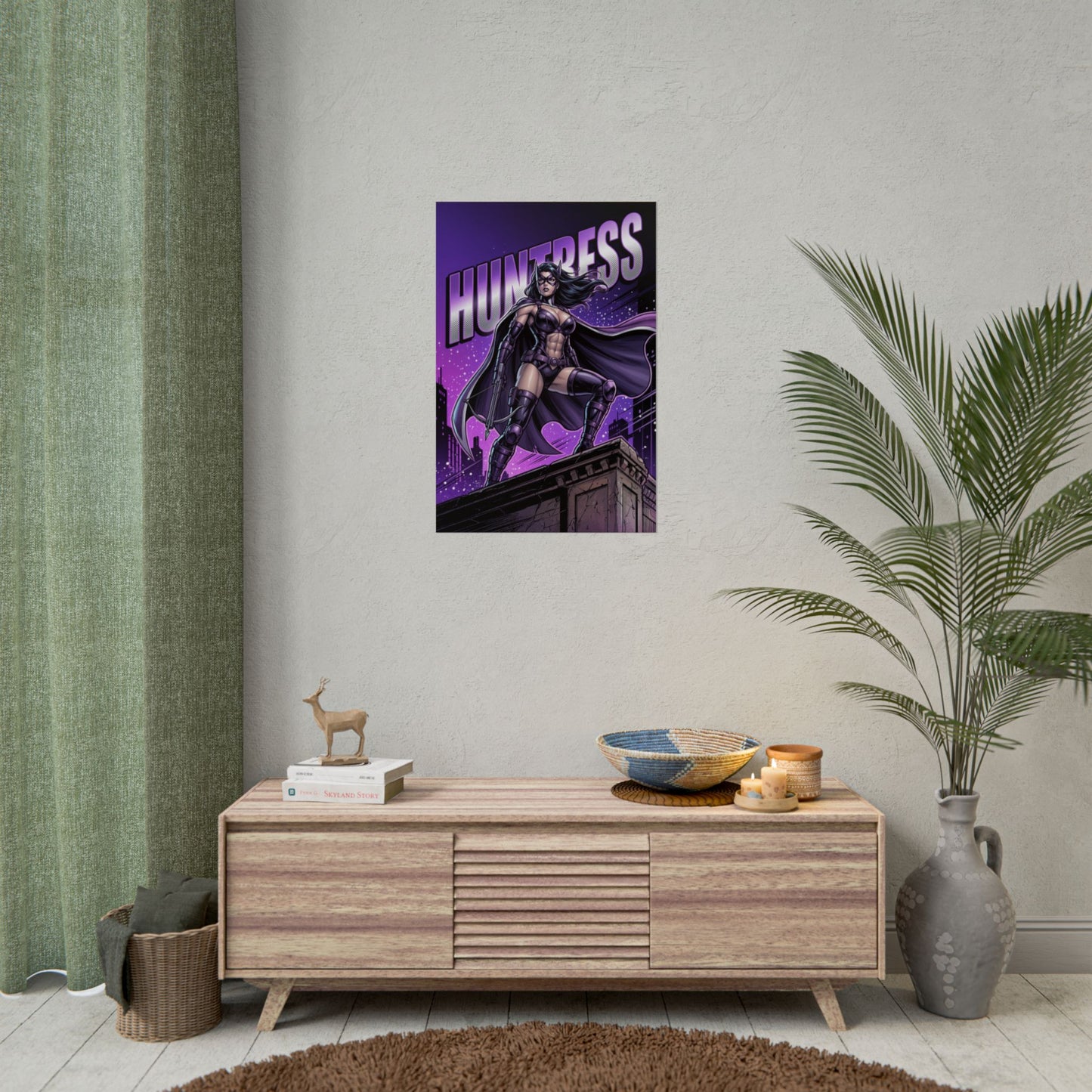 Huntress Poster / Huntress Wall Art / Huntress Art Print / DC Comics Poster - purple night Huntress on rooftop, dynamic cape, comic-style vigilante wall art
