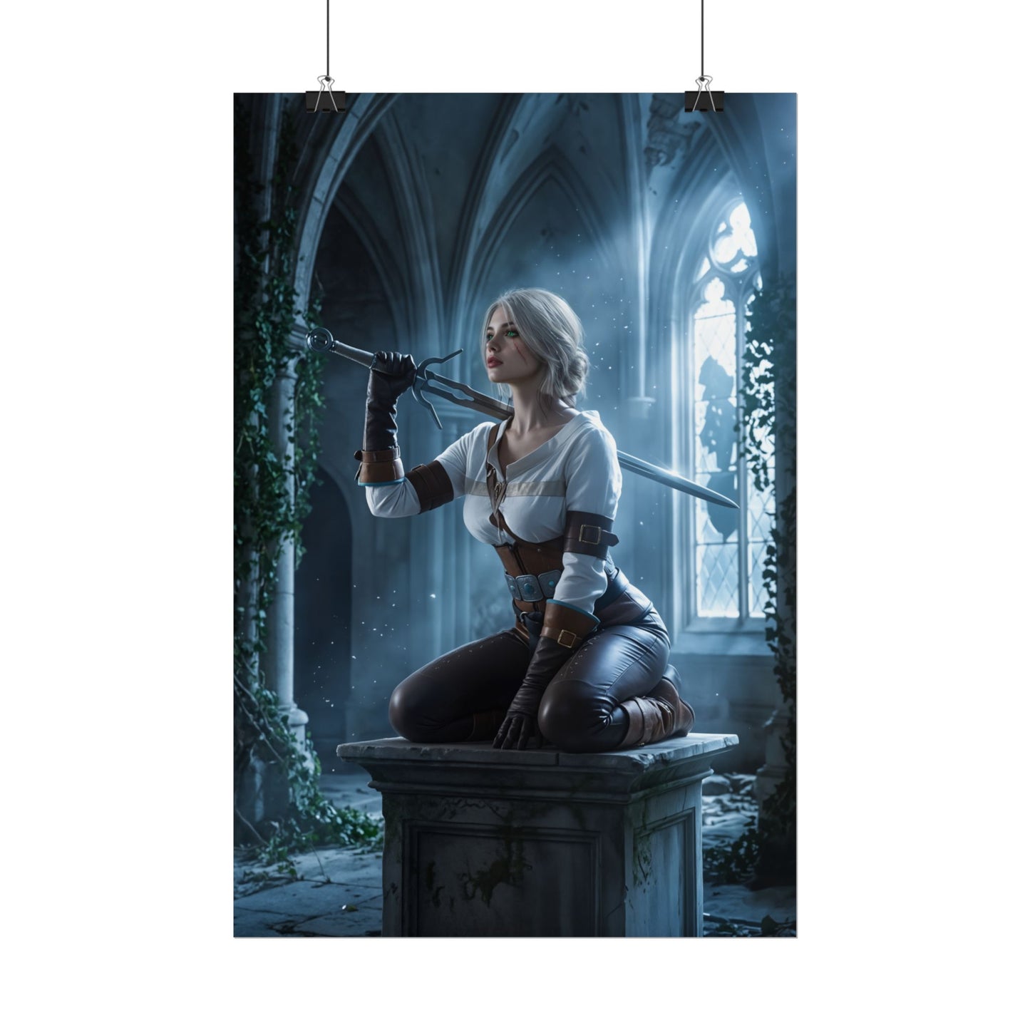 Ciri Poster, Witcher Series Print, Legendary RPG Hero Art Wall Decor — cinematic Ciri kneeling on stone pedestal with sword in ruined gothic hall