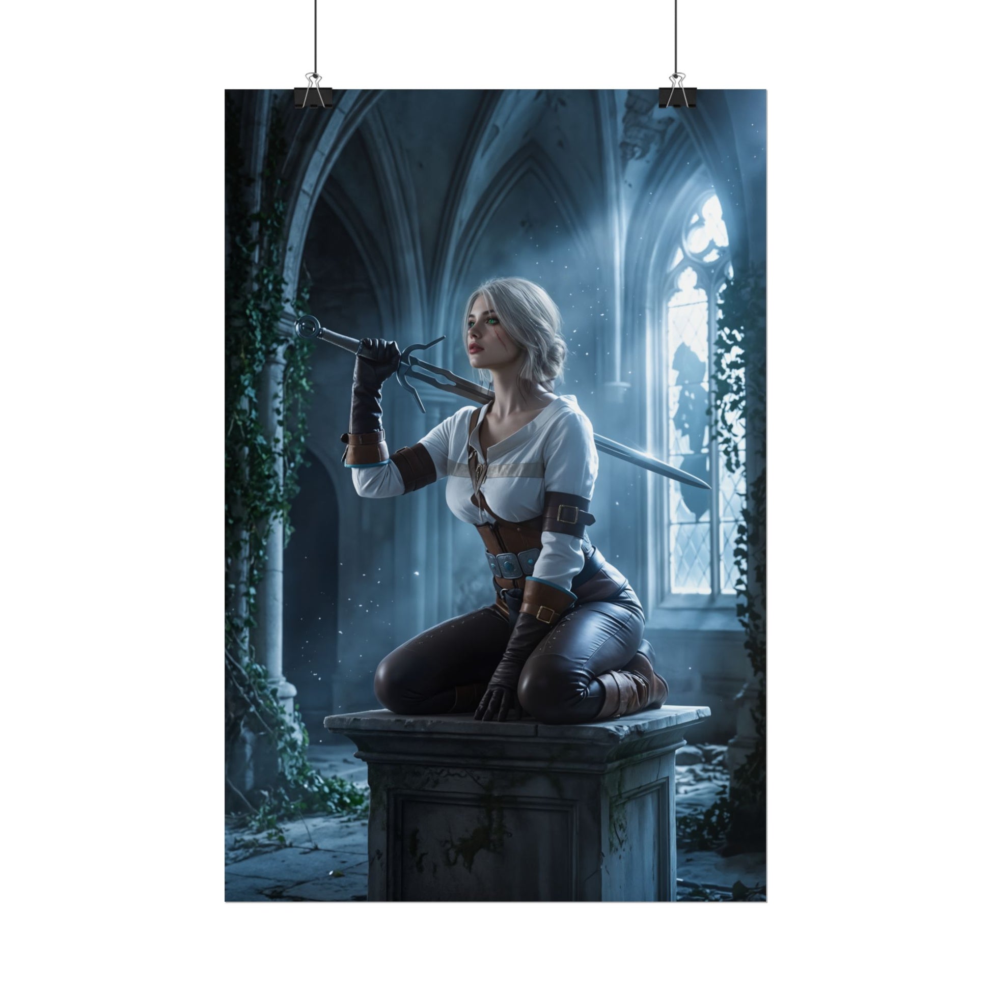 Ciri Poster, Witcher Series Print, Legendary RPG Hero Art Wall Decor — cinematic Ciri kneeling on stone pedestal with sword in ruined gothic hall