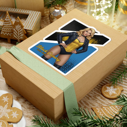 Black Canary Sticker – Comic Heroine Vinyl Sticker for Laptops & Indoor Decor on a gift box, glossy vibrant comic-style Black Canary design