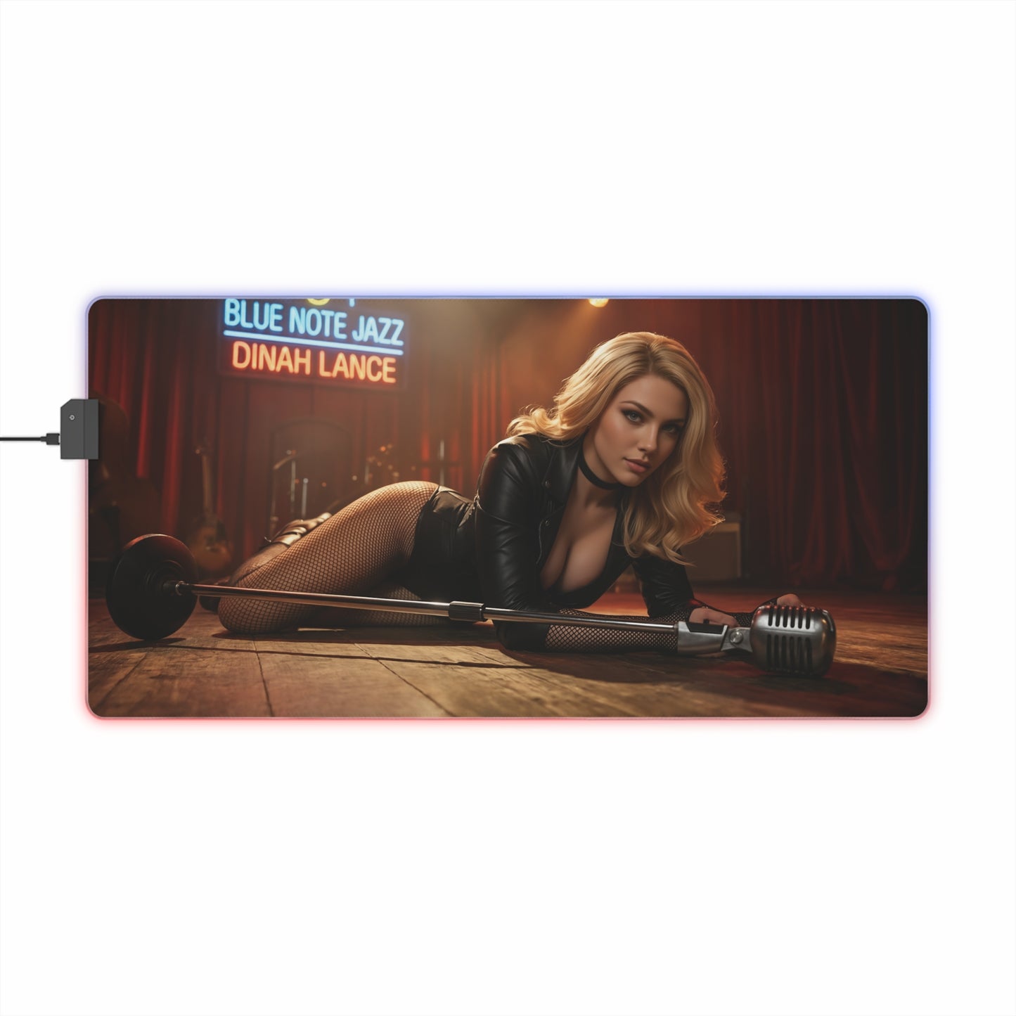Black Canary Desk Mat – LED RGB Pad, Waifu Hero Anime Girl Setup with sultry waifu hero on stage, RGB lighting and precision cloth surface
