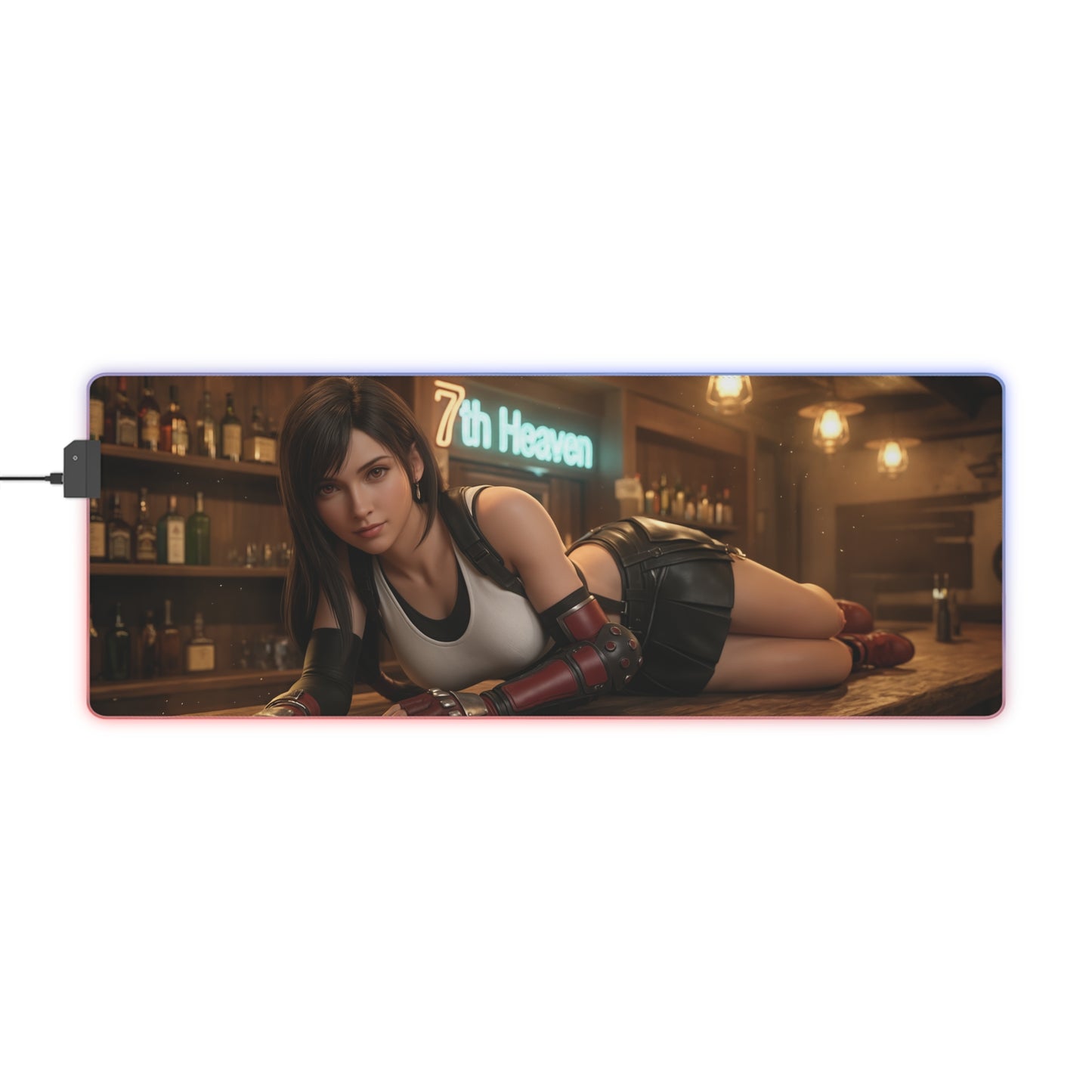 Tifa Lockhart Desk Mat – LED RGB Pad, Waifu Fighter Anime Girl Setup showing Tifa reclining on bar background with RGB lighting and smooth precision-cloth surface