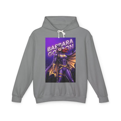 Batgirl Hoodie | DC Superhero Hoodie | Gotham Vigilante Pullover gray pullover with purple-and-gold Batgirl graphic, lightweight 100% cotton hoodie