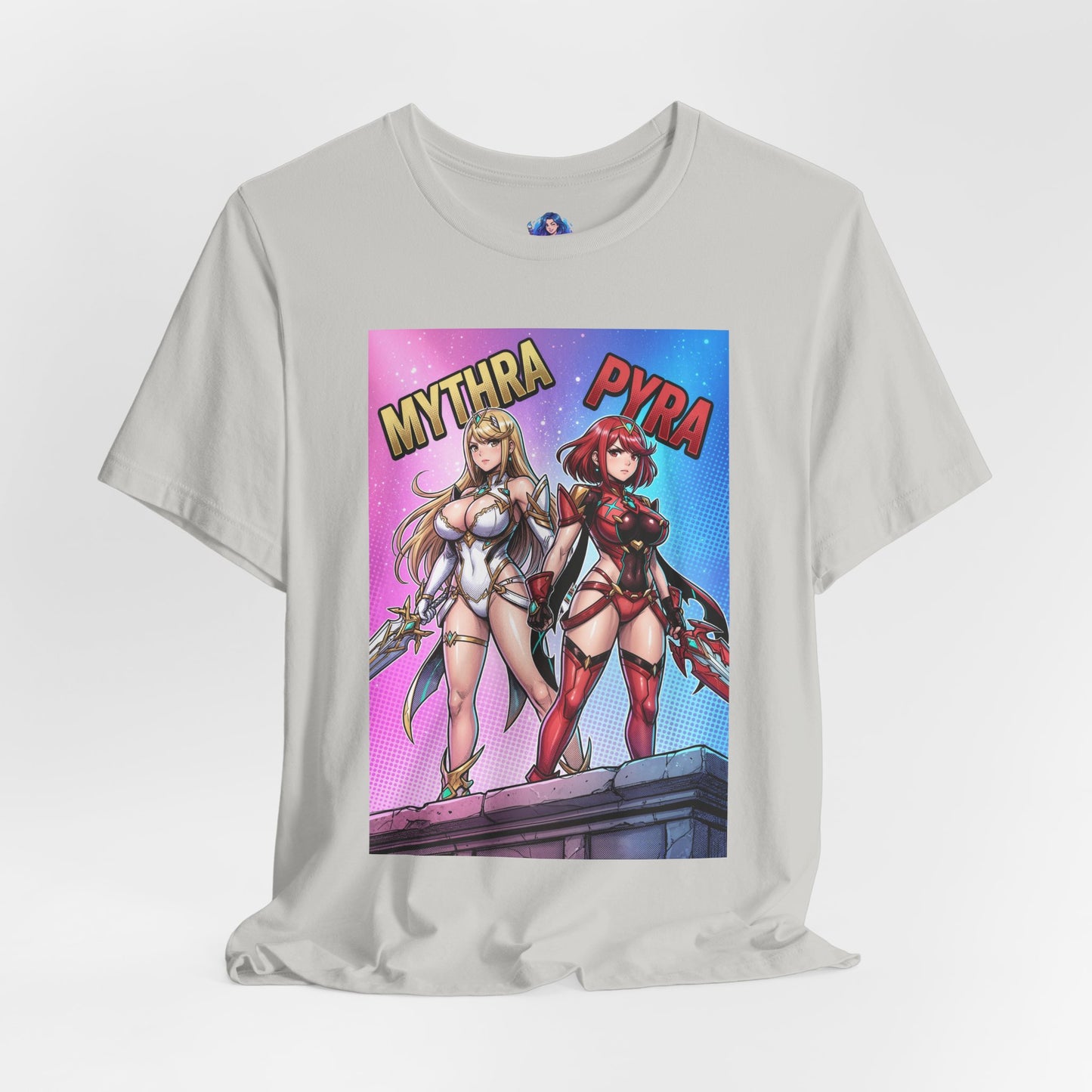 Mythra and Pyra T-Shirt | Anime Tee for Gamers front view showing Mythra and Pyra side by side on Bella Canvas tee