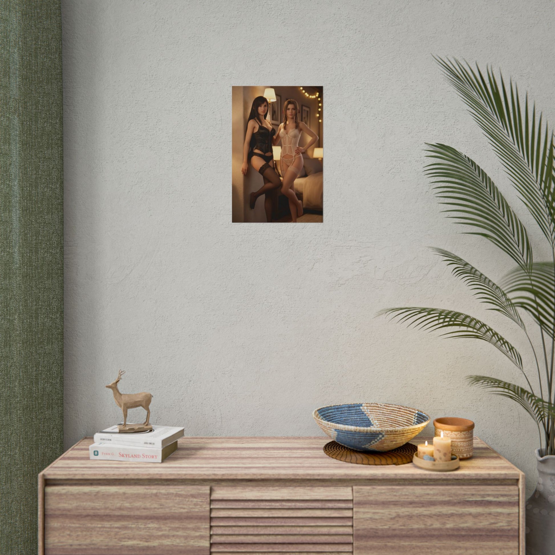 Tifa Aerith Poster, Final Fantasy Art Print – Iconic JRPG Duo Decor displayed in modern gamer room wall decor scene