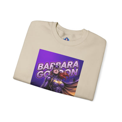 Batgirl Sweatshirt, DC Comics Crewneck, Gotham Hero Fan Apparel - purple-and-gold Batgirl graphic crewneck folded