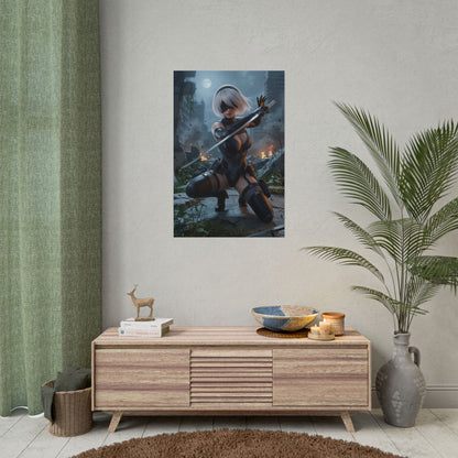 2B Poster, Nier Automata Art Print – Sci-Fi Game Heroine Wall Decor hanging in modern gaming room display