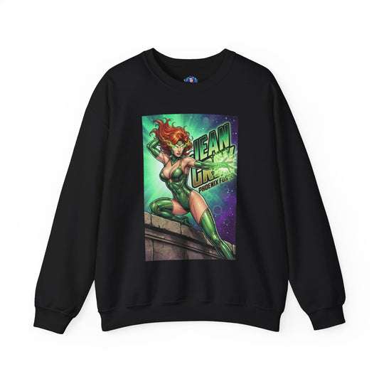 Jean Grey Sweatshirt, Marvel Crewneck, Phoenix Force Superhero Apparel featuring comic-style Jean Grey with flowing red hair and glowing psychic energy