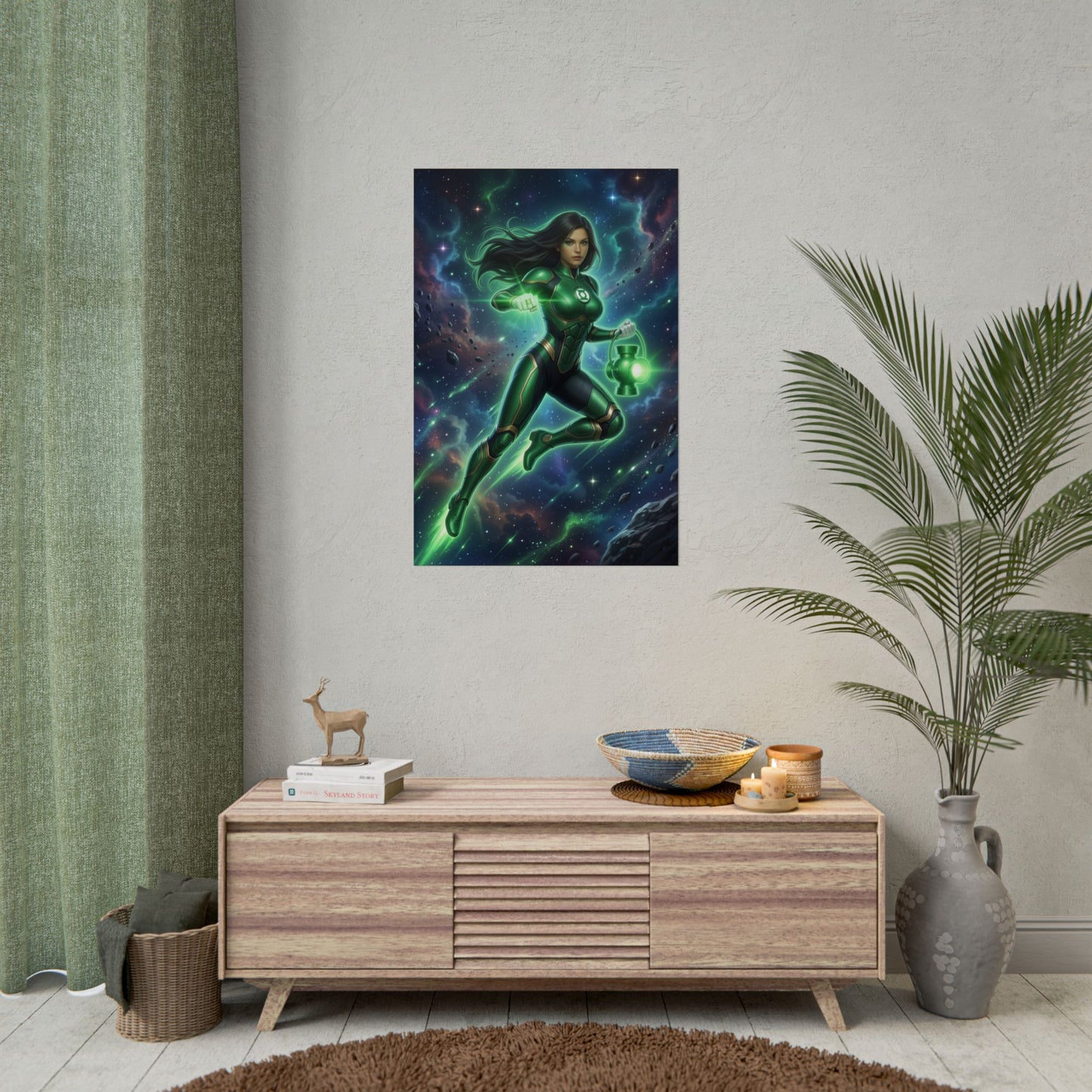Jessica Cruz Poster, DC Comics Art Print – Superhero Wall Art displayed as framed gamer room wall decor with vivid green lantern energy