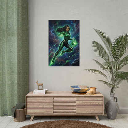 Jessica Cruz Poster, DC Comics Art Print – Superhero Wall Art displayed as framed gamer room wall decor with vivid green lantern energy