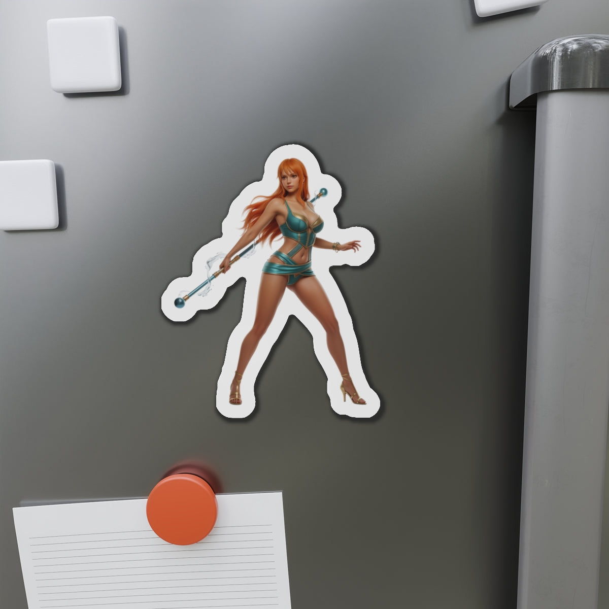 Nami Magnet – One Piece Anime Heroine Fridge Magnet, Pirate Decor — die-cut vinyl fridge magnet of Nami in confident pose