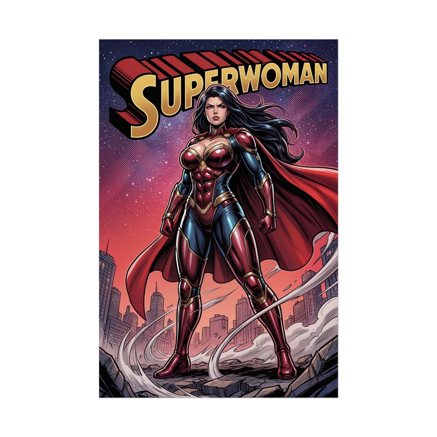 Superwoman Poster / Superwoman Wall Art / Superwoman Art Print / DC Comics Poster showing powerful heroine in bold pose over city skyline