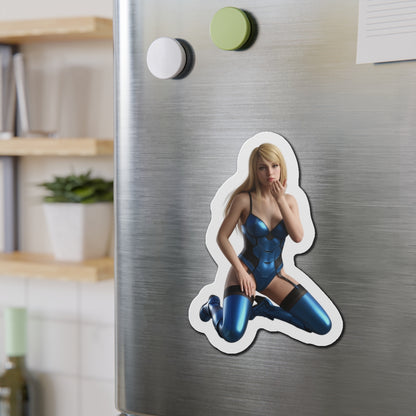Samus Aran Magnet – Sci-Fi Game Heroine Fridge Magnet, Anime Style Decor — die-cut vinyl fridge magnet showing anime-style Samus Aran on stainless steel refrigerator