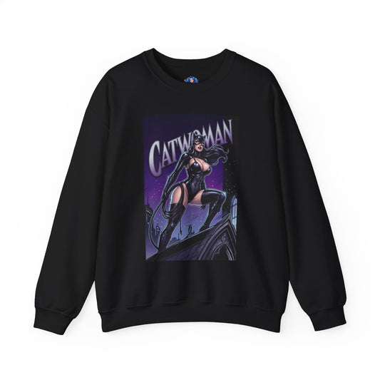 Catwoman Sweatshirt, DC Comics Character Art, Premium Fan Apparel featuring Catwoman on rooftop in glossy black tones and nighttime city backdrop