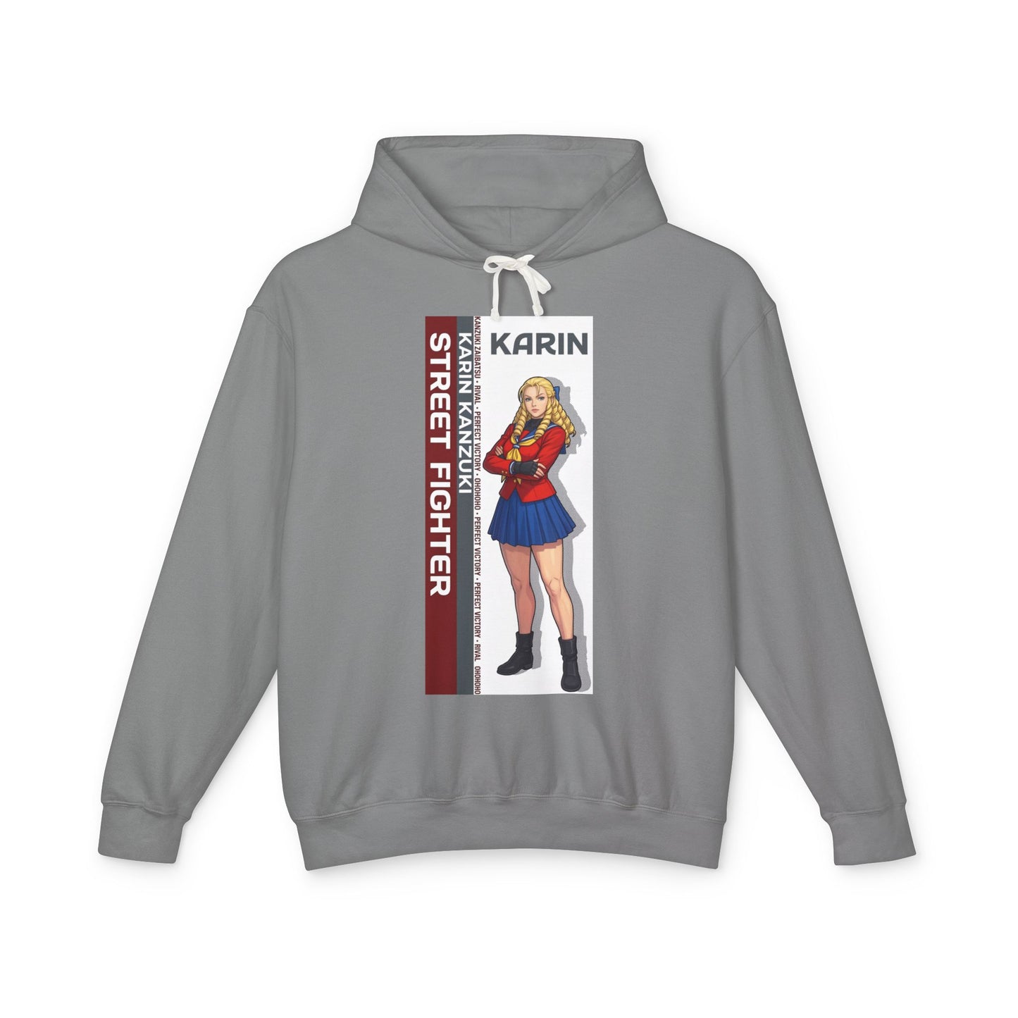 Karin Hoodie | Street Fighter Hoodie | Anime Elegant Fighter Pullover gray pullover with Karin anime illustration and vertical Street Fighter text