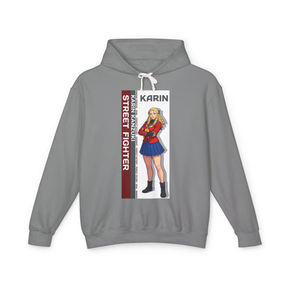 Karin Hoodie | Street Fighter Hoodie | Anime Elegant Fighter Pullover gray pullover with Karin anime illustration and vertical Street Fighter text