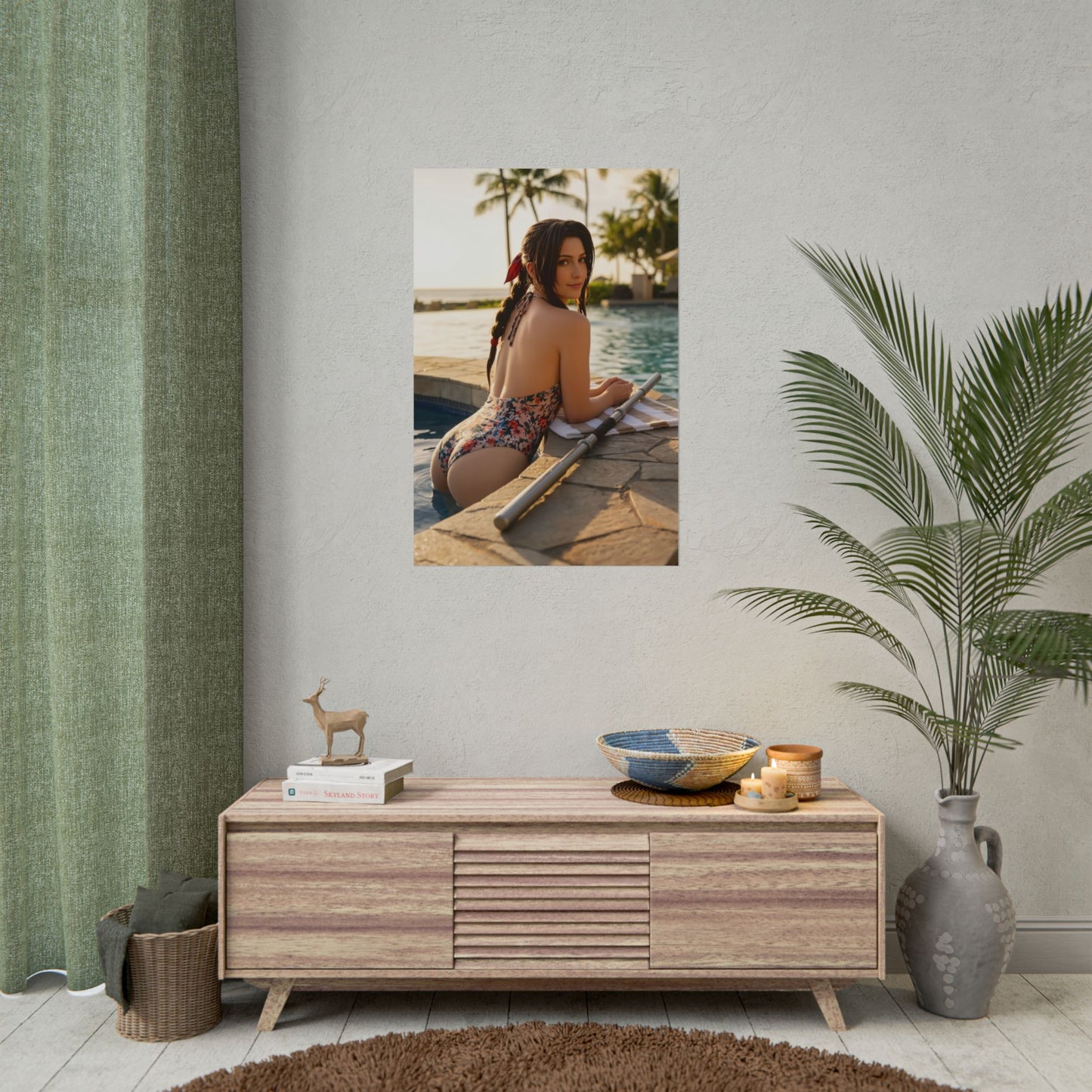 Aerith Final Fantasy Poster – Iconic RPG Heroine Wall Art Decor framed on living room wall above console, vibrant poolside character print