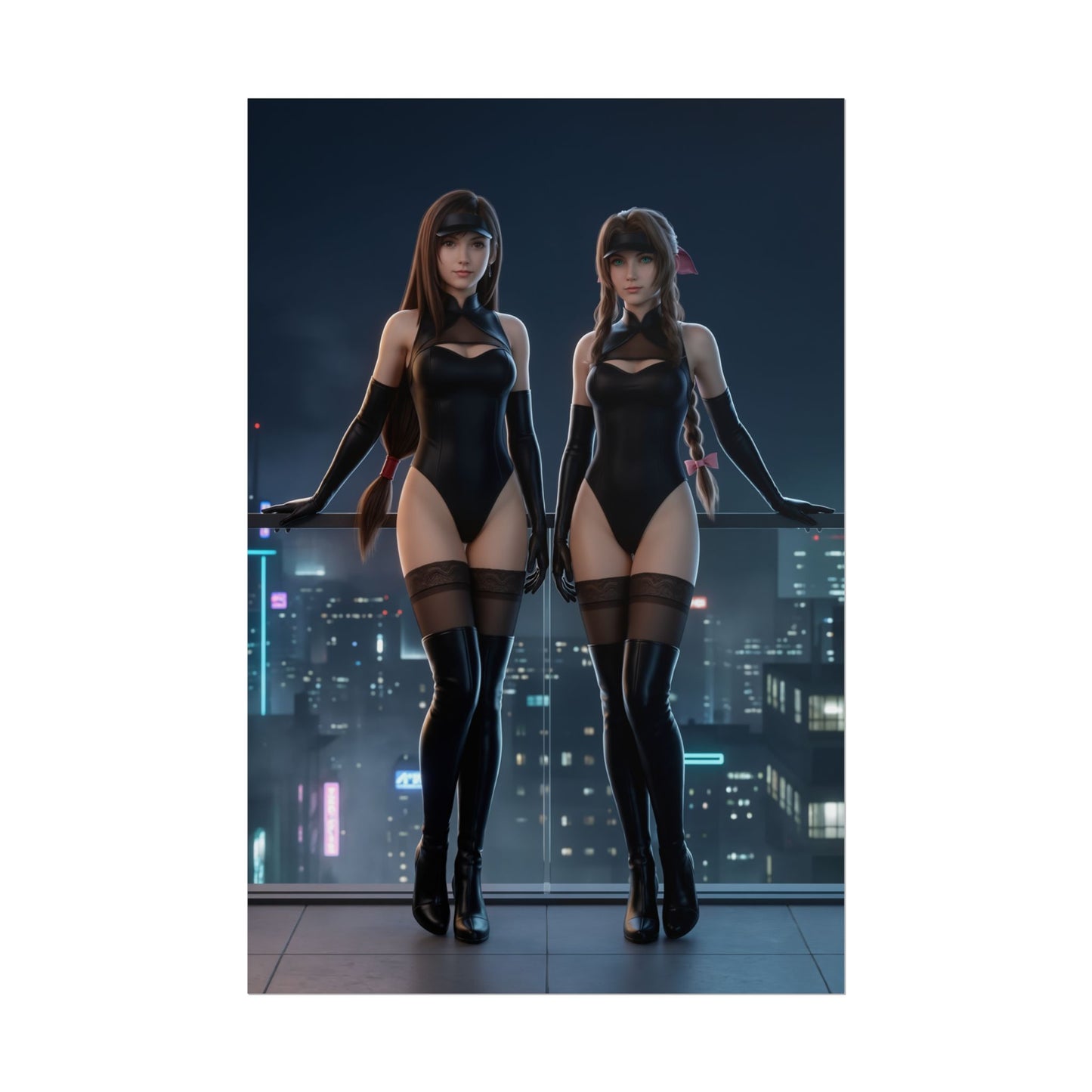 Tifa Aerith Poster, Final Fantasy Art Print – Classic JRPG Wall Art showing Tifa and Aerith in sleek black outfits on a city balcony at night
