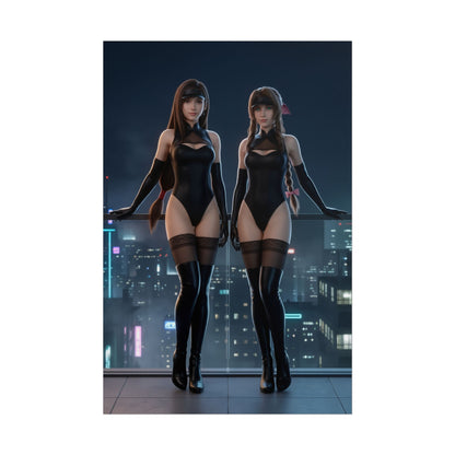 Tifa Aerith Poster, Final Fantasy Art Print – Classic JRPG Wall Art showing Tifa and Aerith in sleek black outfits on a city balcony at night
