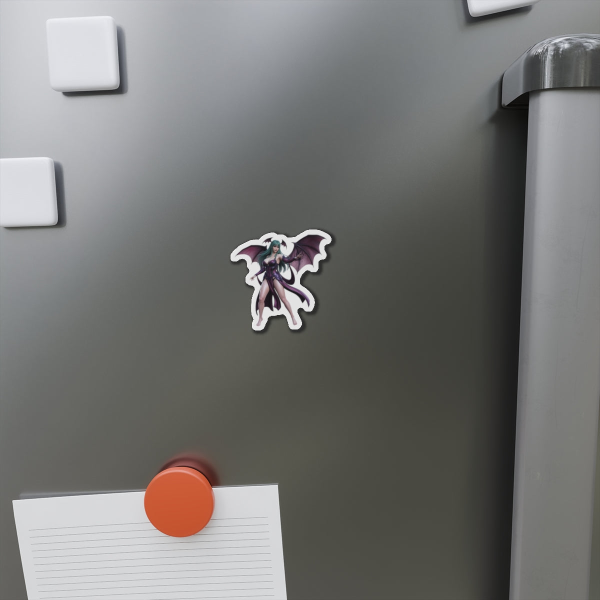 Morrigan Aensland Magnet – Darkstalkers Anime Heroine Fridge Magnet die-cut vinyl magnet on gray fridge showcasing Morrigan artwork