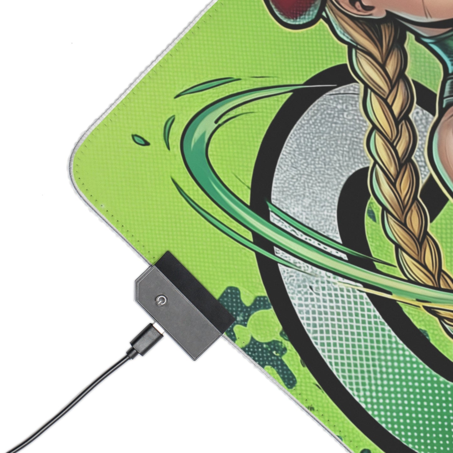 Cammy RGB Desk Mat, Fighting Game Gaming Mouse Pad, LED Desk Mat for Gamer Setup showing green military-inspired artwork, braided character detail and USB LED connector