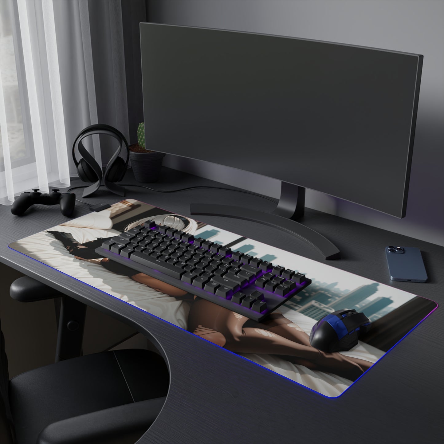 2B Desk Mat – LED RGB Pad, Waifu Android Anime Girl Gaming Setup