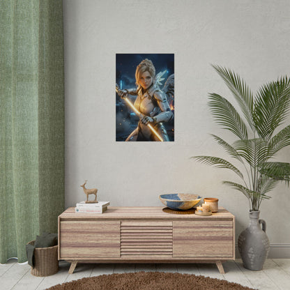 Mercy Poster Overwatch Wall Art Print Sci-Fi Gaming Decor - cinematic Mercy hero print in futuristic armor with glowing staff
