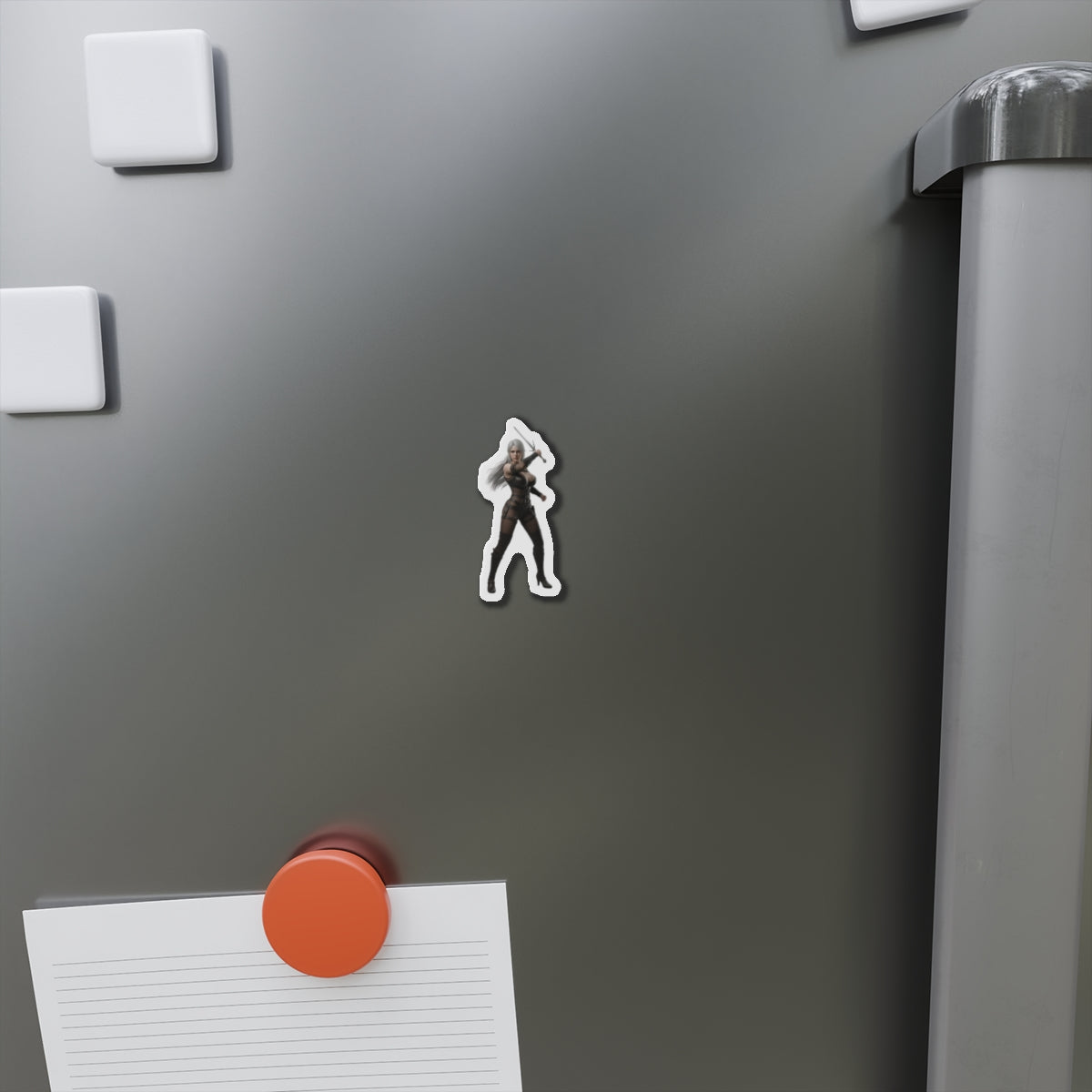 Ciri Magnet – The Witcher Game Heroine Fridge Magnet, Anime Style Decor on gray fridge showing die-cut vinyl anime-style Ciri magnet