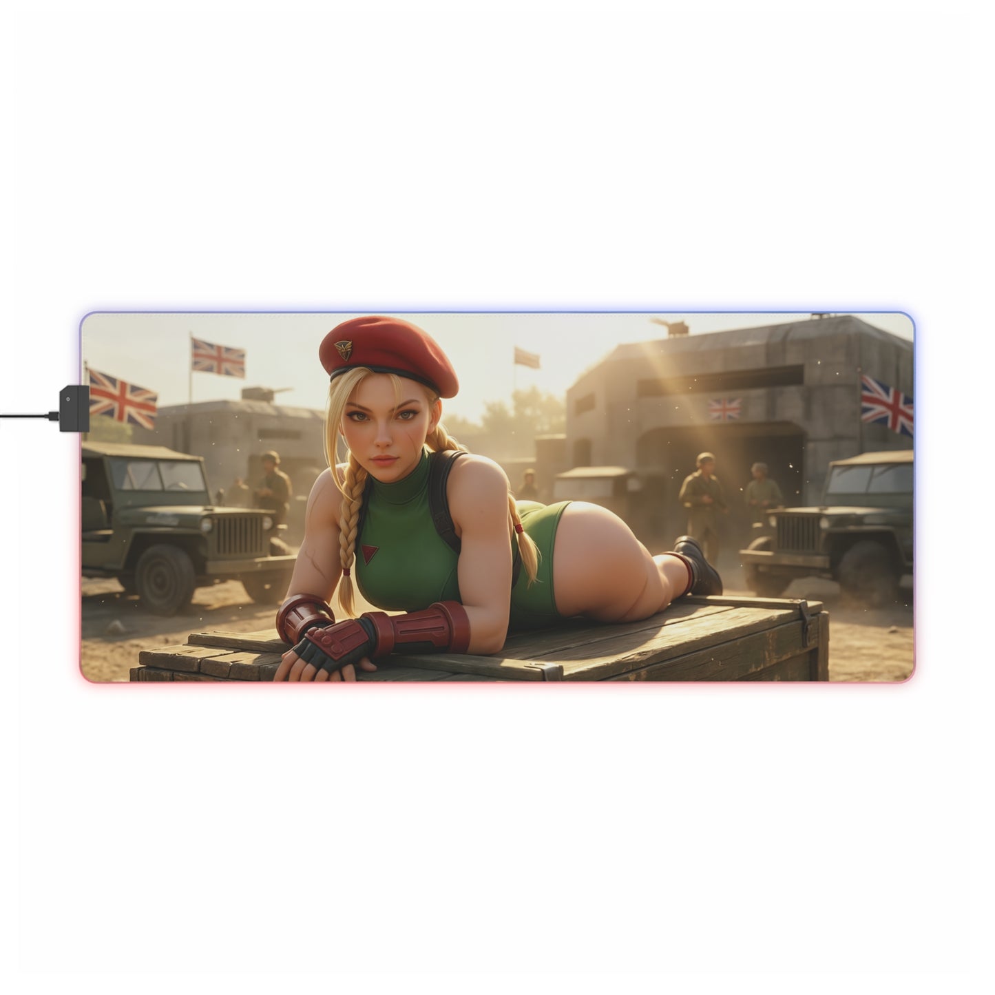 Cammy White Desk Mat – LED RGB Pad, Waifu Fighter Anime Girl Setup gaming desk mat with Cammy in green leotard, beret and RGB edge lighting