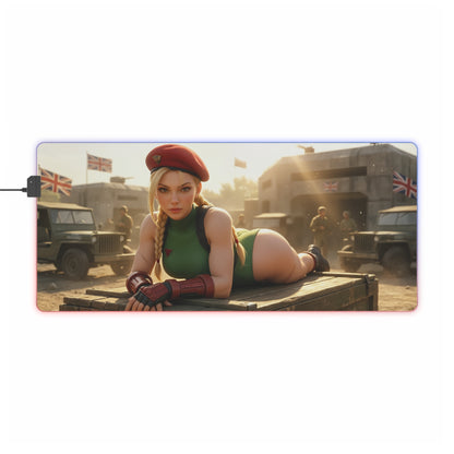 Cammy White Desk Mat – LED RGB Pad, Waifu Fighter Anime Girl Setup gaming desk mat with Cammy in green leotard, beret and RGB edge lighting