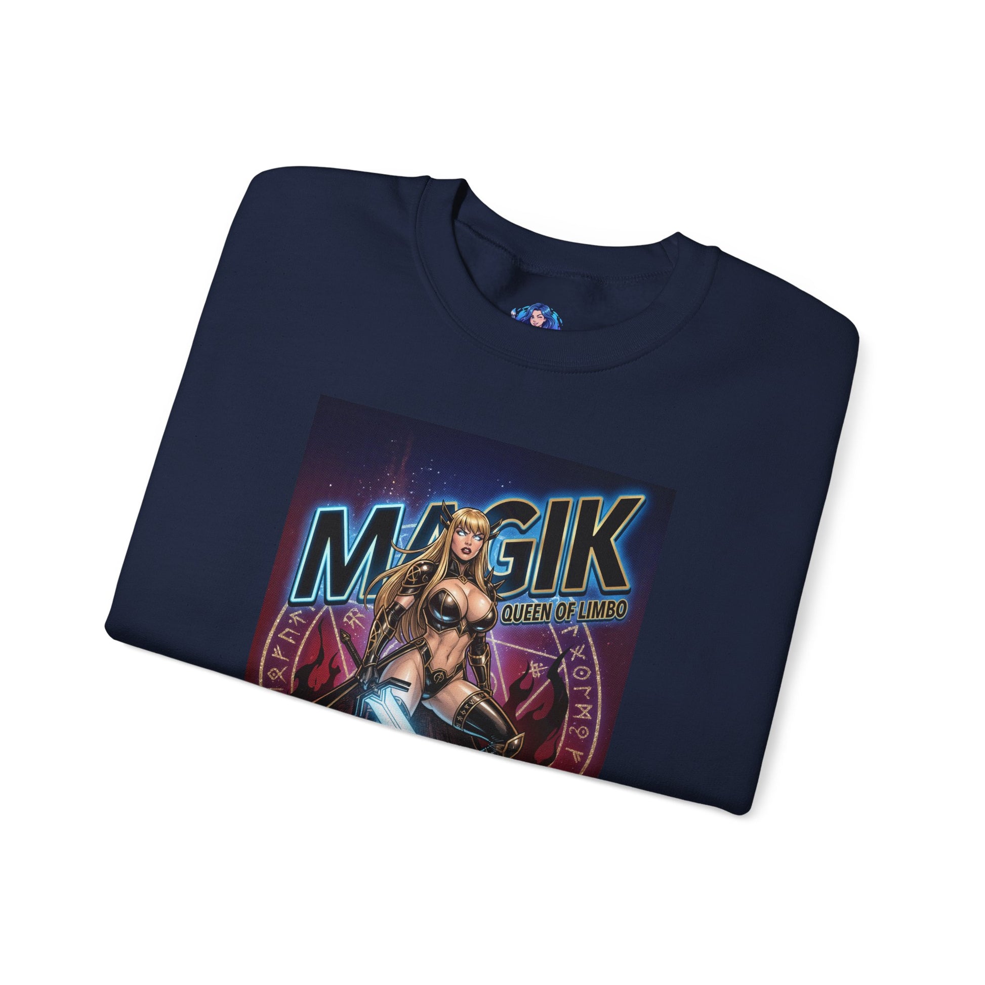 Magik Sweatshirt, Marvel Crewneck, Dark Fantasy Superhero Apparel - navy crewneck with Magik Queen of Limbo artwork showing blonde sorceress, glowing eyes, sword