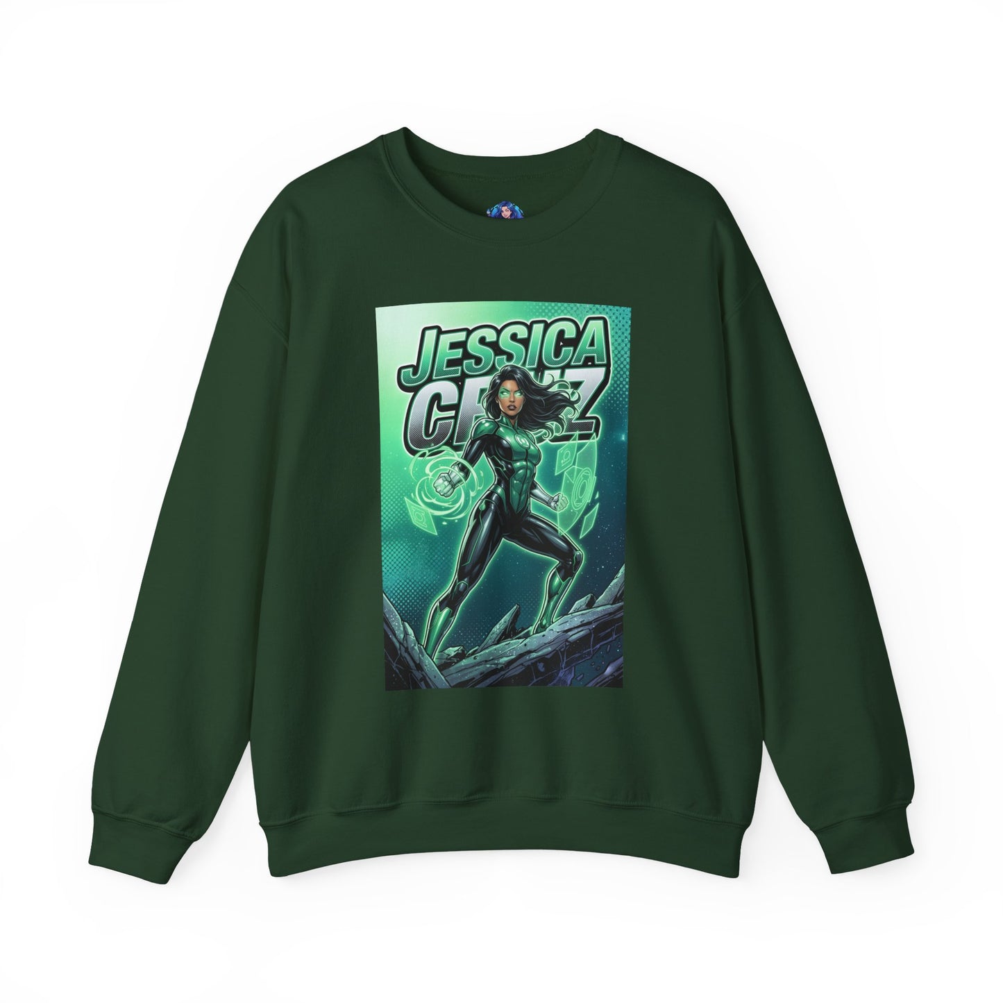 Jessica Cruz Sweatshirt, DC Comics Crewneck, Green Lantern Fan Apparel featuring Jessica Cruz graphic with glowing green constructs on dark green crewneck