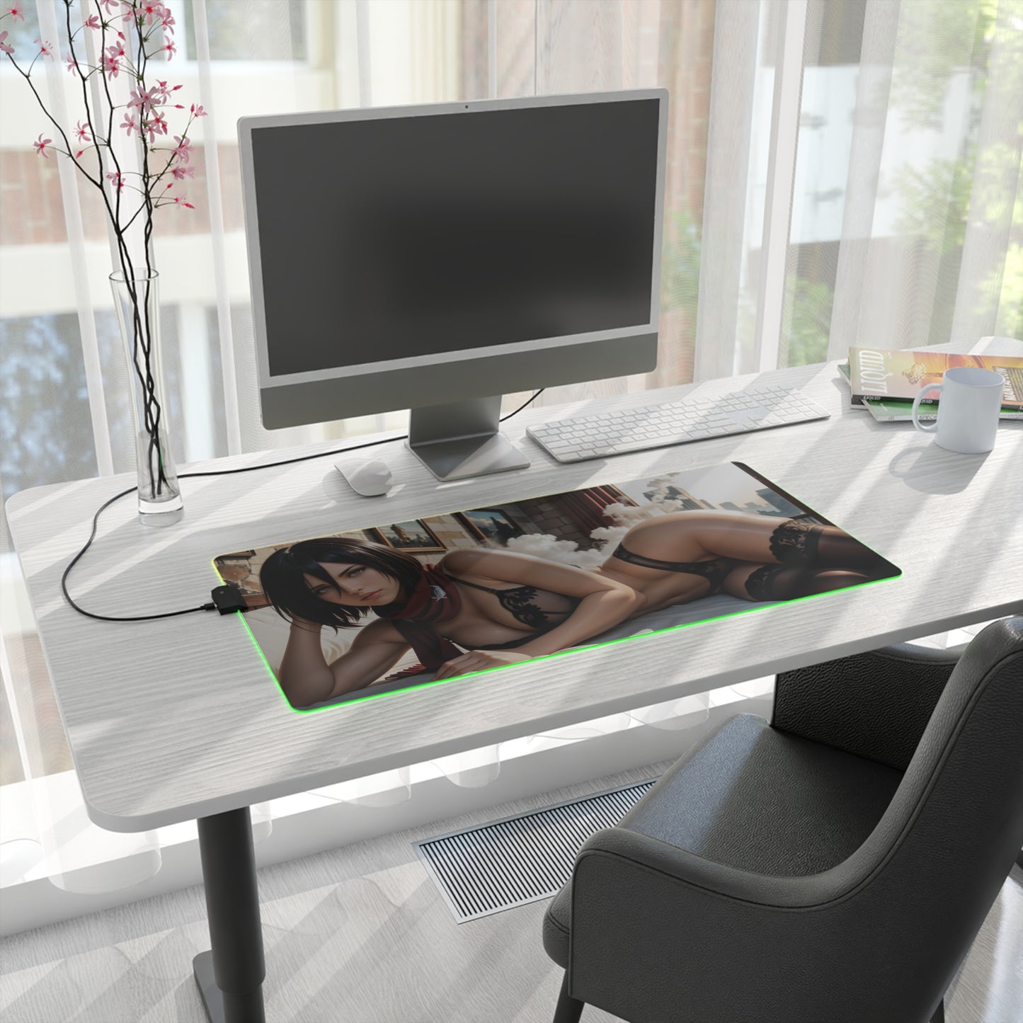Mikasa Ackerman Desk Mat – LED RGB Pad, Waifu Anime Girl Gaming Setup